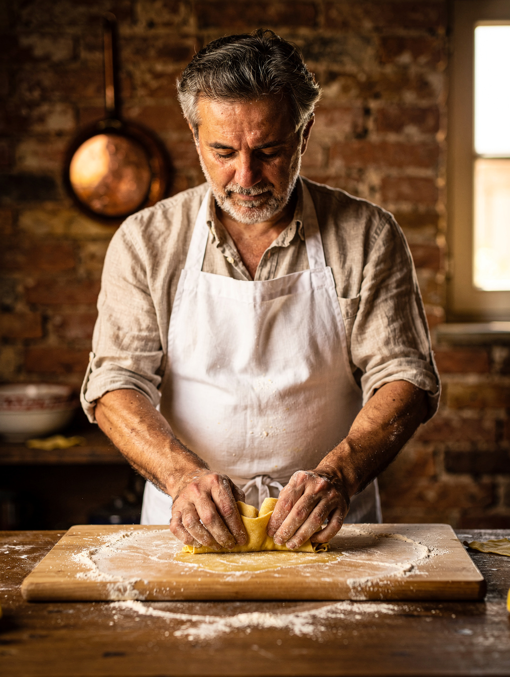 Executive Chef Marco Rossi preparing fresh pasta in the kitchen