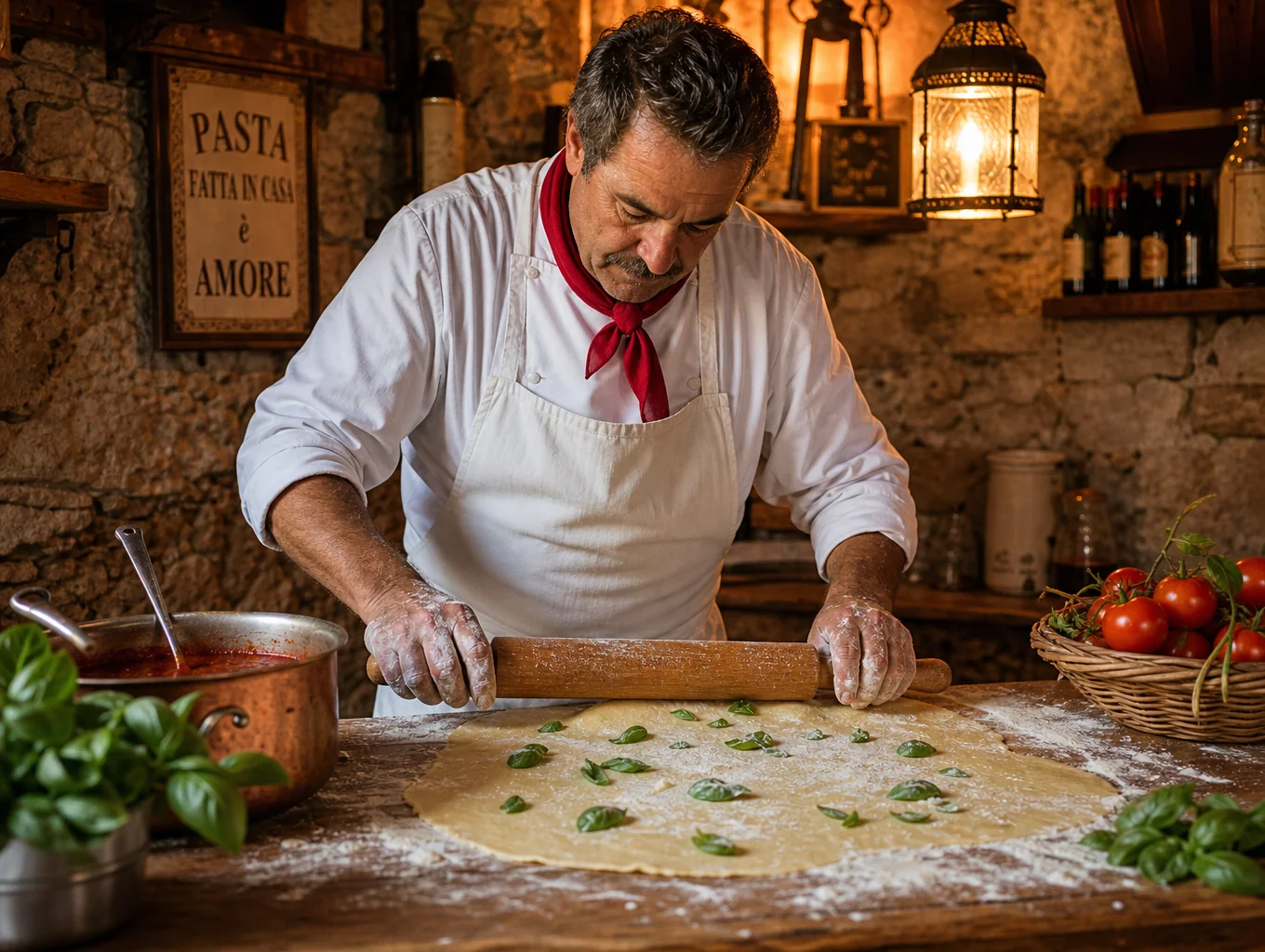 Chef hand-rolling fresh pasta in professional kitchen