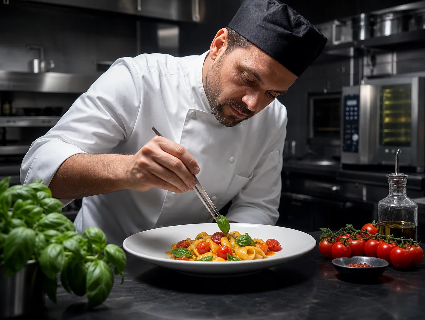 Chef plating a signature Italian dish