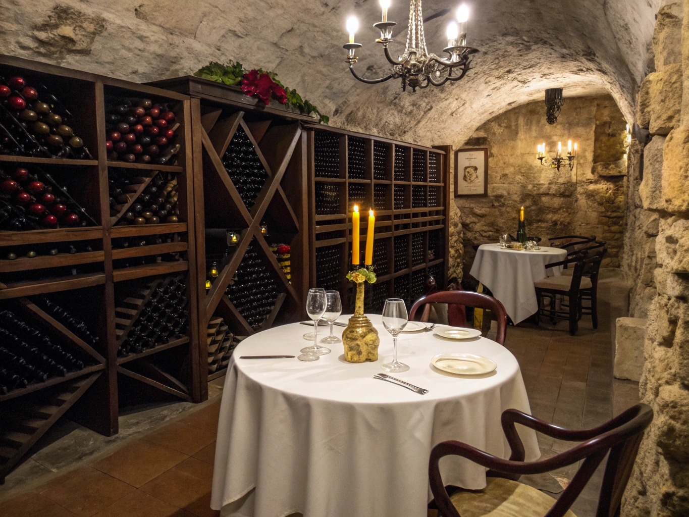 Communal long dining table in atmospheric cellar with exposed brick and wine bottles