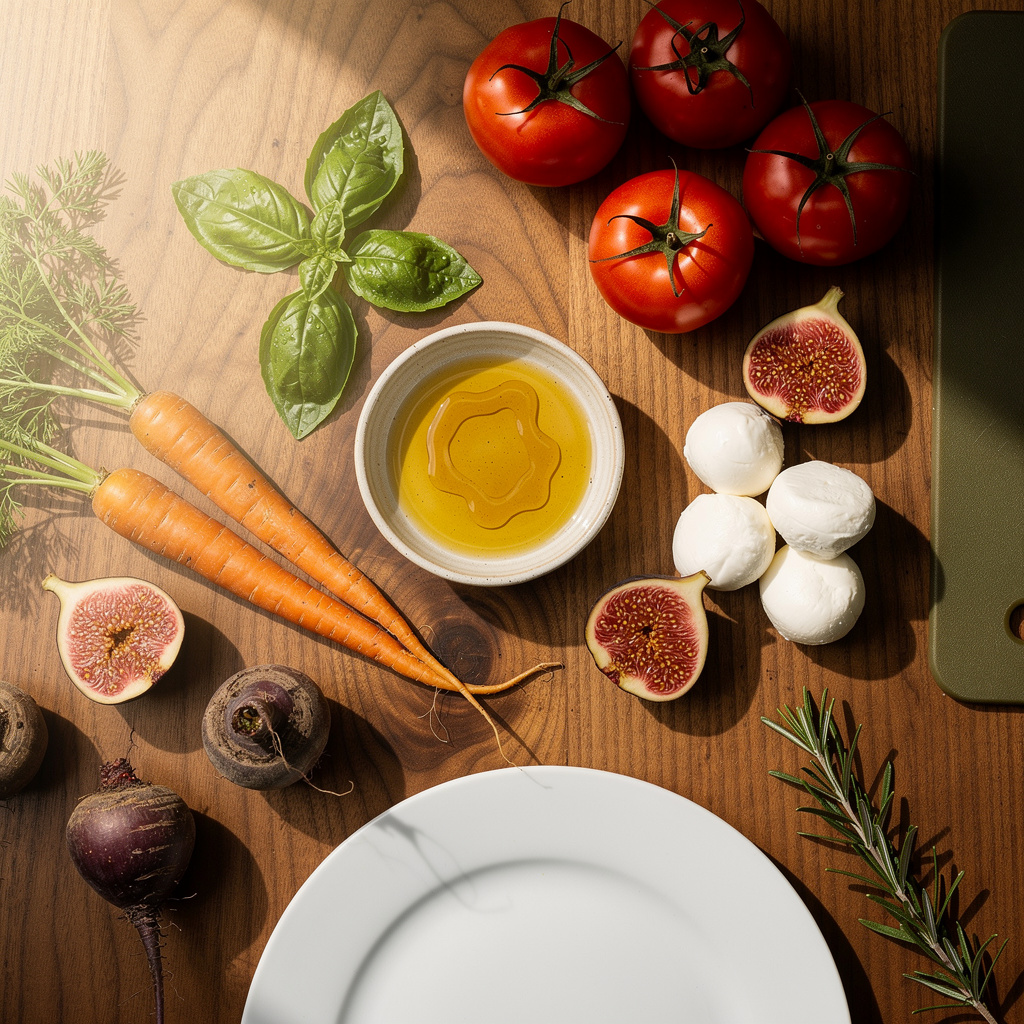 Fresh ingredients prepared on marble surface