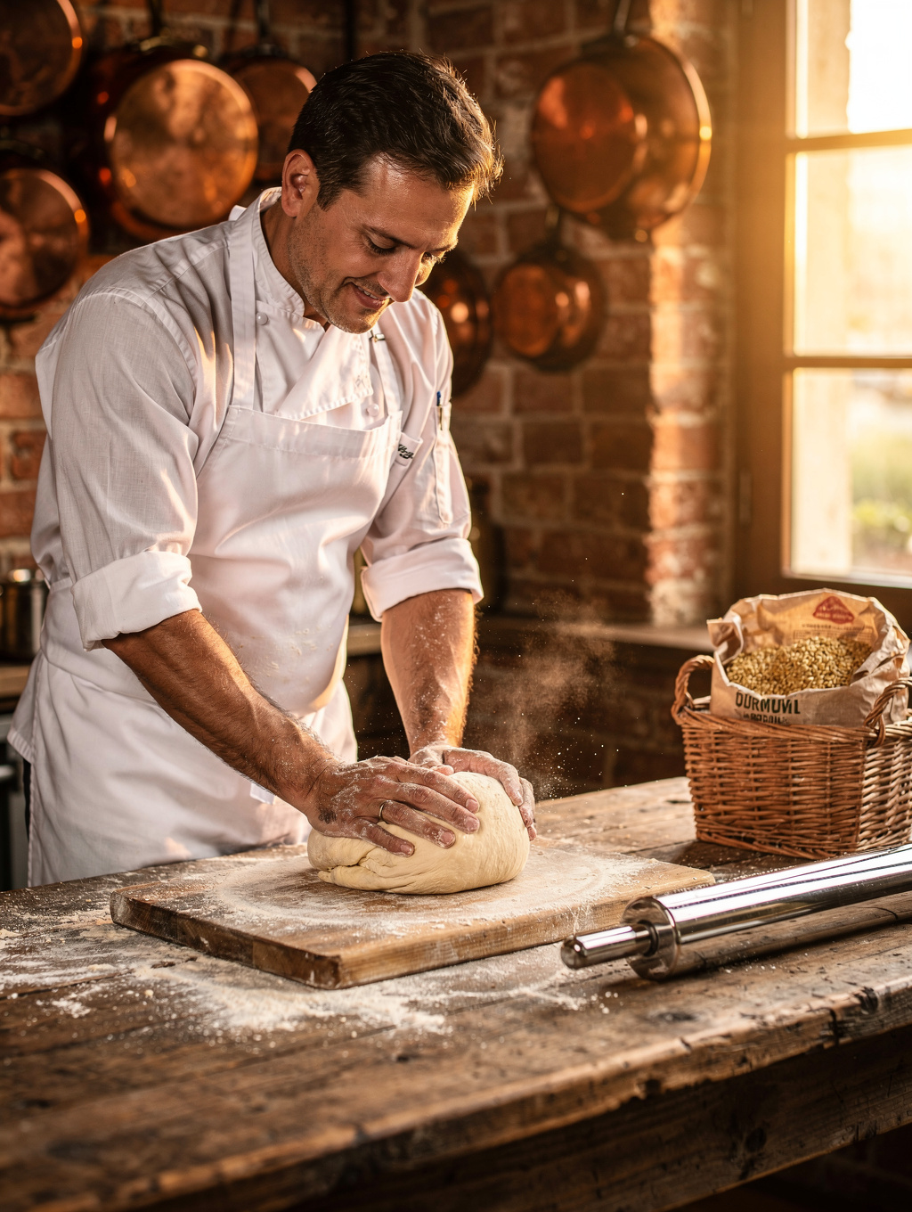 Chef preparing fresh pasta in a rustic kitchen
