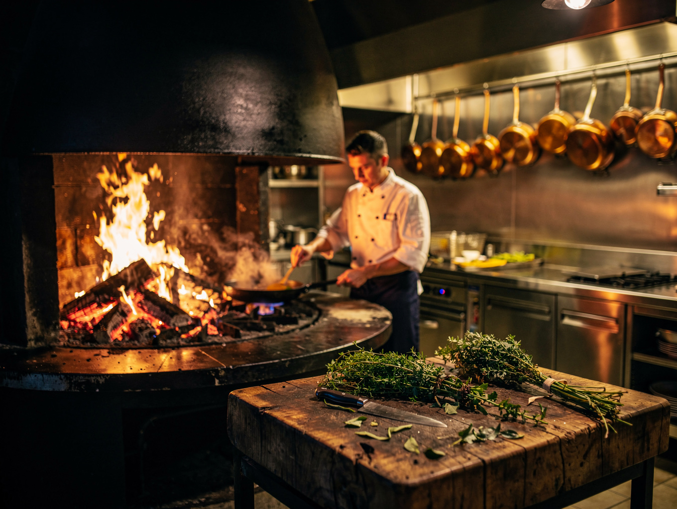 Chef cooking at the open kitchen hearth