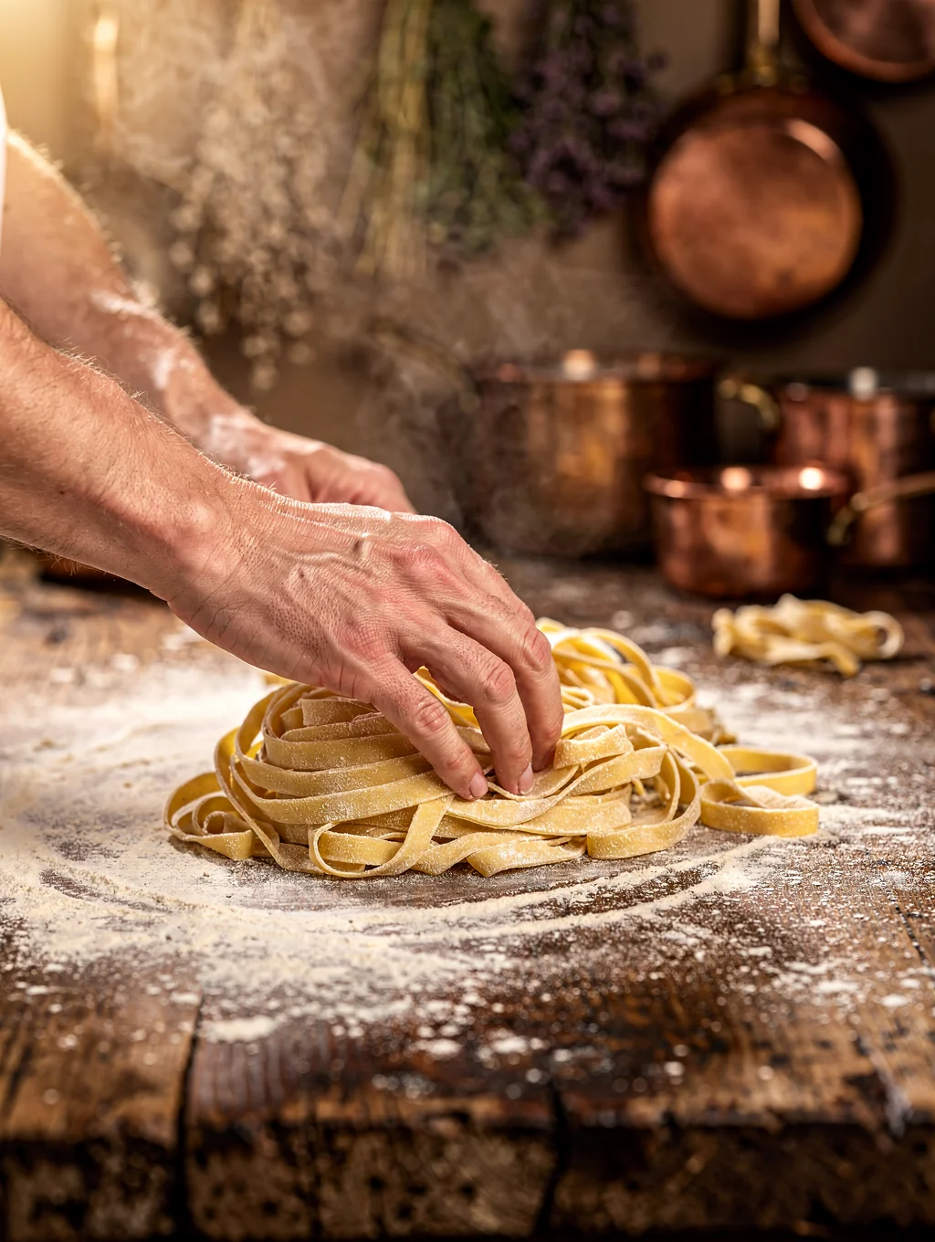 Chef hand-rolling fresh pasta in kitchen