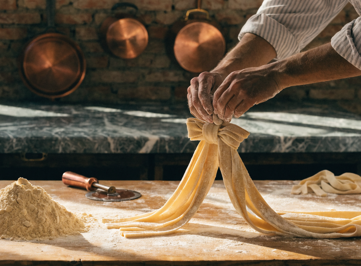 Chef dusting fresh semolina flour onto handmade pasta in open kitchen