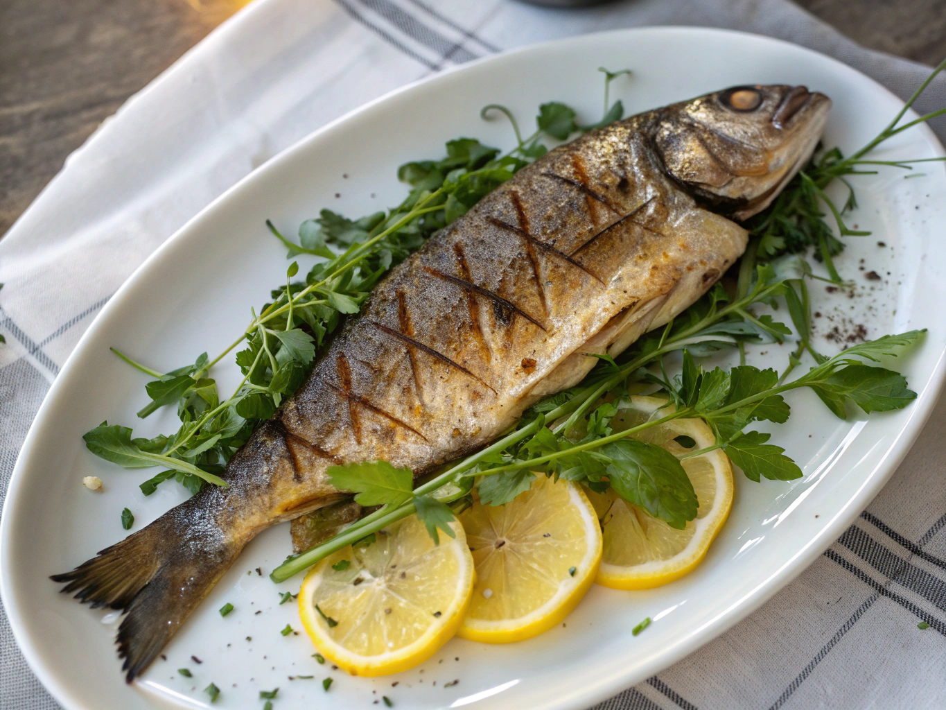 Roasted sea bass with lemon and capers