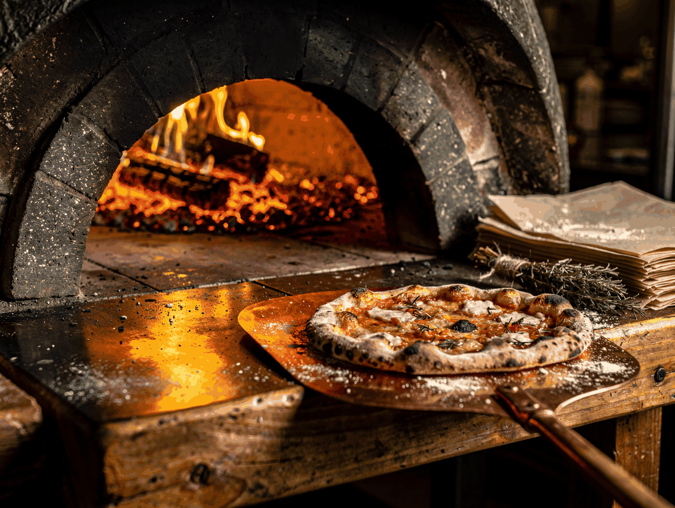 Glowing wood-fired oven baking artisanal pizza with flames